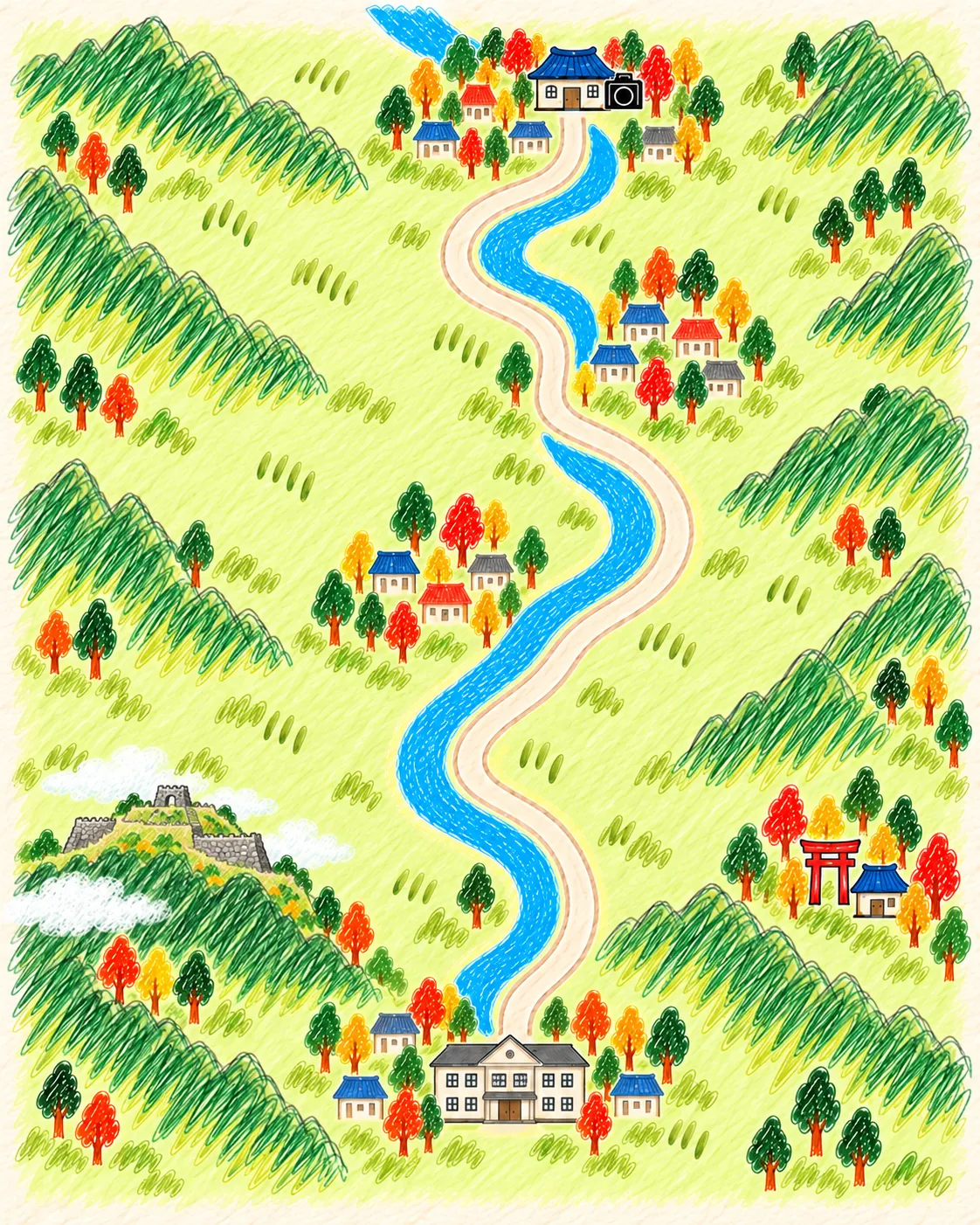 朝来市役所（和田山）から円山川ぞいを北へ、八鹿・日高を通って約32kmでフォトスタジオ ちっくたっくに着く道のりのイラスト地図。竹田城跡と粟鹿神社の場所も示しています