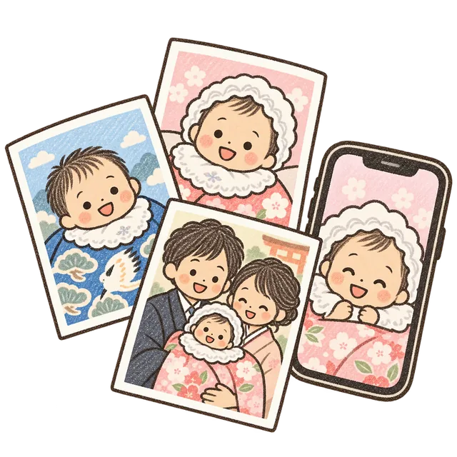お宮参りの写真プリントとスマホのイラスト
