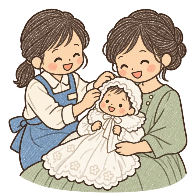 ママが赤ちゃんの身支度をするのを、スタッフが手伝うイラスト
