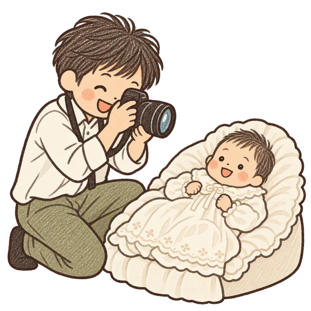 赤ちゃんを撮影するカメラマンのイラスト