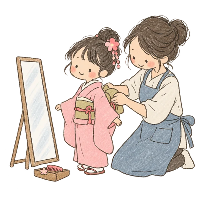 着付けとヘアセットをするスタッフと女の子のイラスト