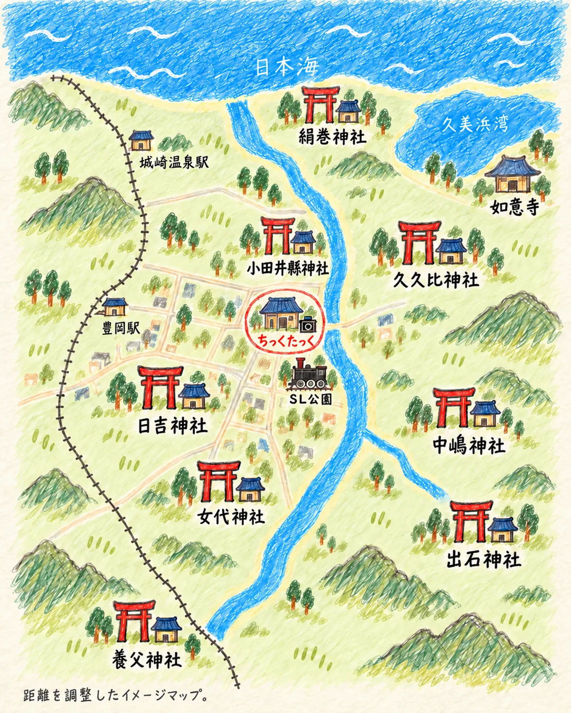 ちっくたっくと、但馬の七五三詣りの神社・お寺の位置を表したイラスト地図