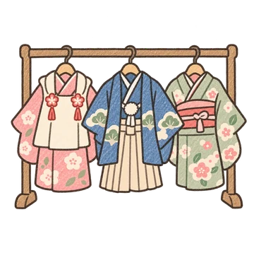 ハンガーラックに並んだ七五三の着物のイラスト