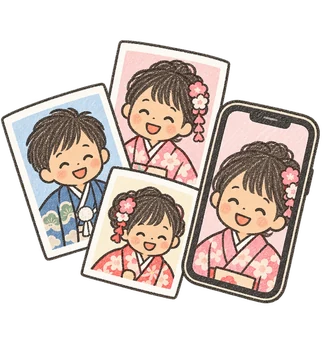 写真プリントと写真を表示したスマホのイラスト