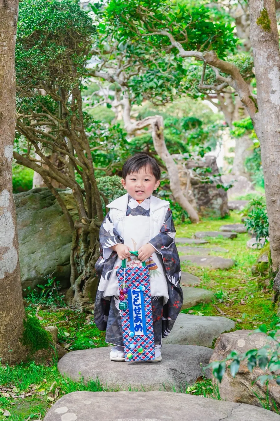 お庭の石の上に立つ5歳男の子