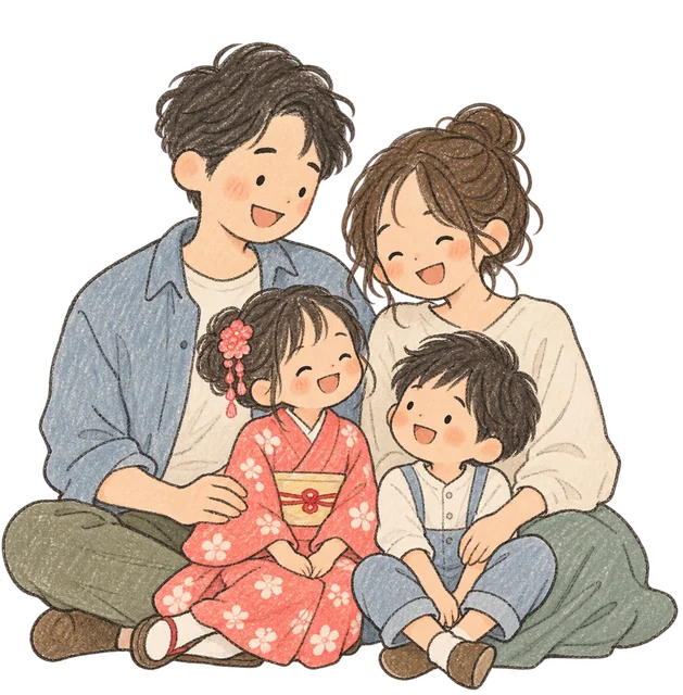 着物の子どもと家族のイラスト